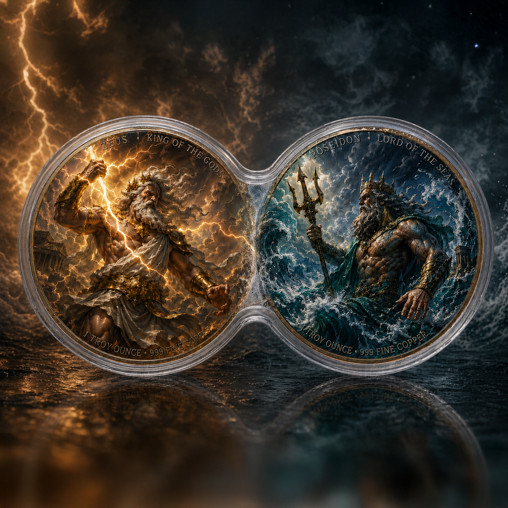 Zeus vs Poseidon Infinity Copper Coin Pair | 2 x 1 Troy Ounce .999 Fine Copper with Infinity Display Capsule