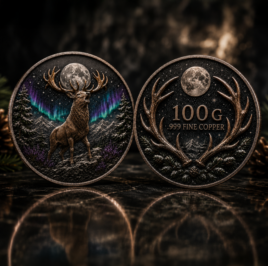 2026 Stag Northern Lights Moon Deer 100 Grams .999 Fine Copper Collectible Round