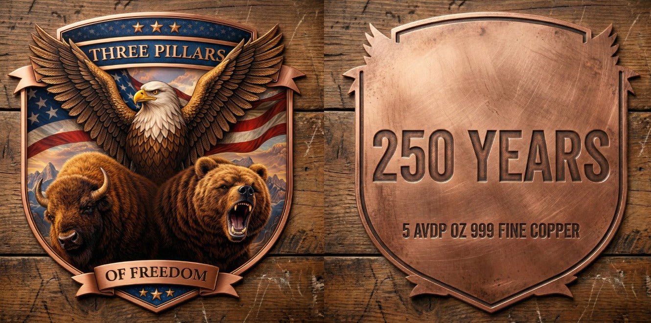5 oz Copper Three Pillars 250 Year's of American Independence