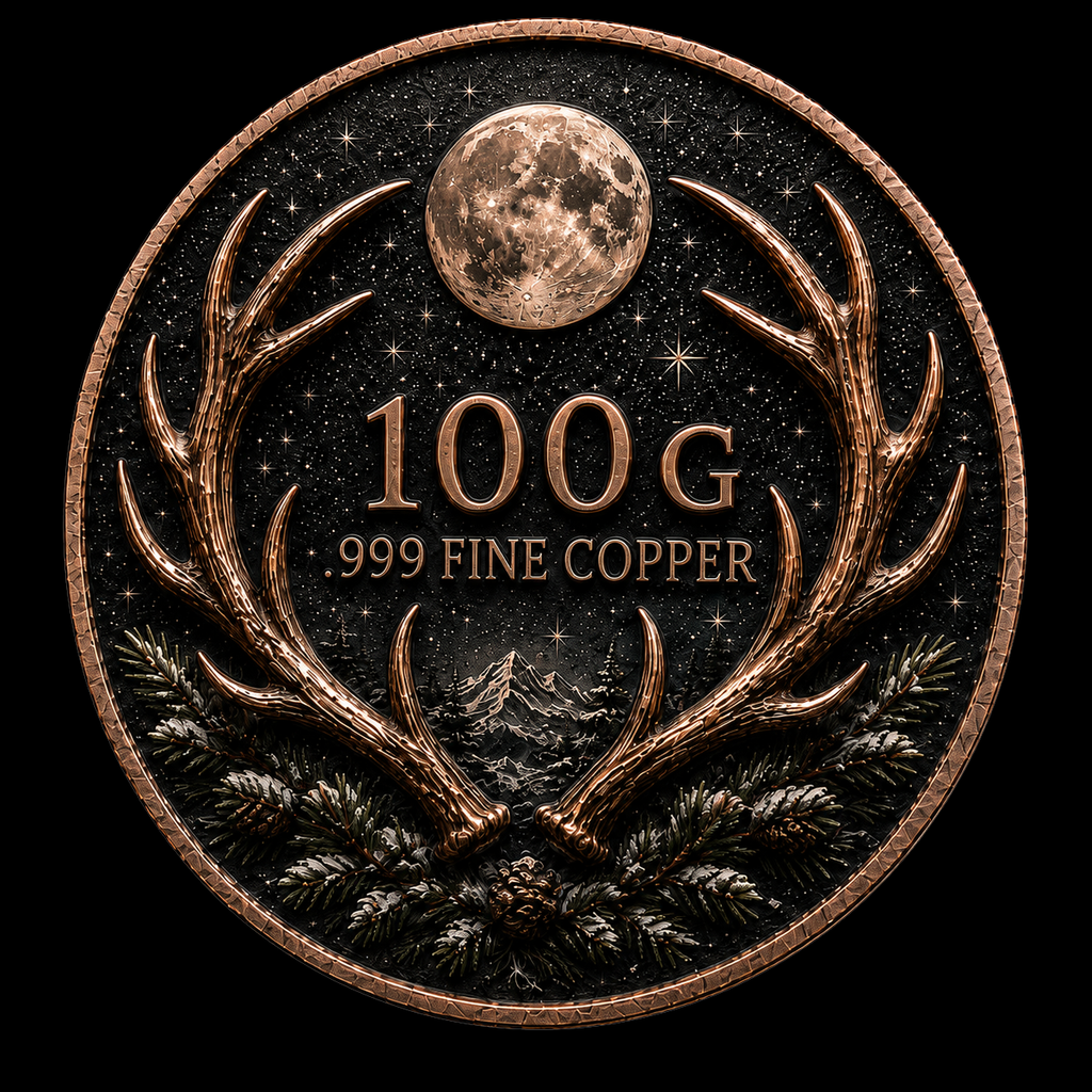2026 Stag Northern Lights Moon Deer 100 Grams .999 Fine Copper Collectible Round